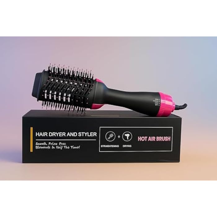 فرشاة تجفيف الشعر بتقنية الأيونات السوداء، بقوة 1000 واط، تصميم بيضاوي واسع 19 سم، بثلاث إعدادات للحرارة، وتدفق هواء 360° لتجفيف وتصفيف سريع، مع تقنية أيونية مضادة للهيشان. - Image 1